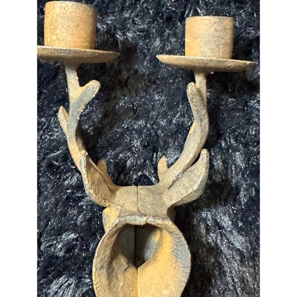 Rustic Cast Iron Deer Head Double Antler Candle Holder With Cork Base Wine Stop - Picture 5 of 8